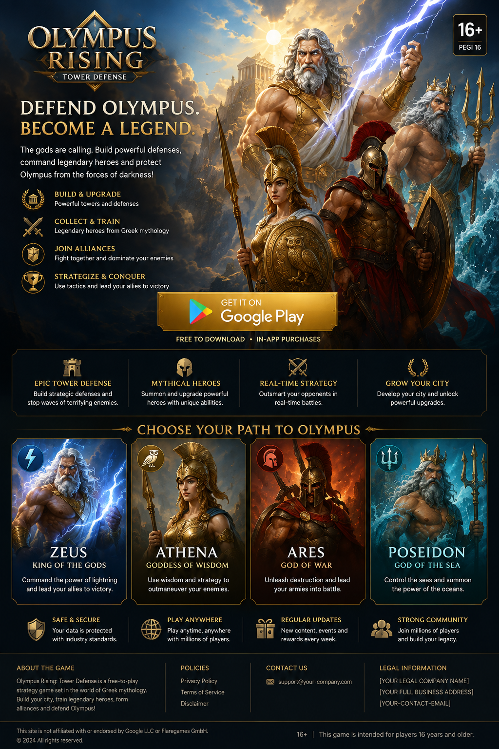 Greek mythology inspired Olympus Rising promotional landing artwork with Zeus, Athena, Ares and Poseidon